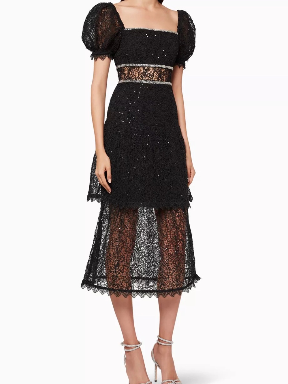 Self-Portrait Black Lace Midi Dress with Puff Sleeves US 6